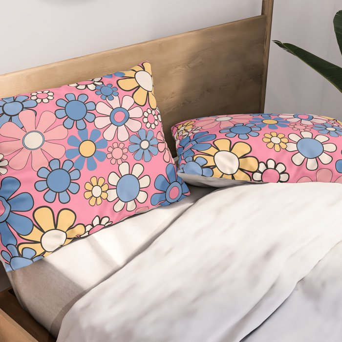 Groovy Floral Retro Garden 60s 70s Flower Pattern Pink Blue Yellow Pillow Sham Gallery Image 2