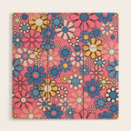 Groovy Floral Retro Garden 60s 70s Flower Pattern Pink Blue Yellow Wood Wall Art Gallery Image 1