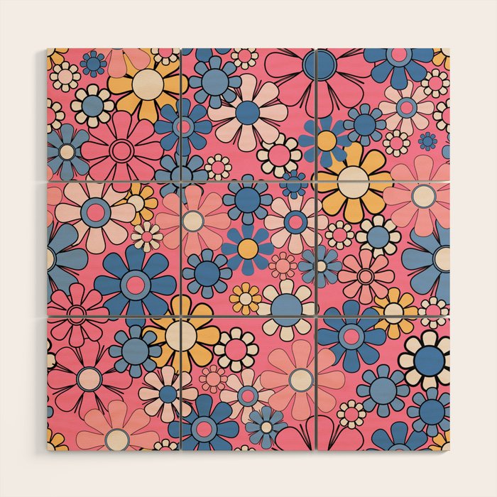 Groovy Floral Retro Garden 60s 70s Flower Pattern Pink Blue Yellow Wood Wall Art Gallery Image 1