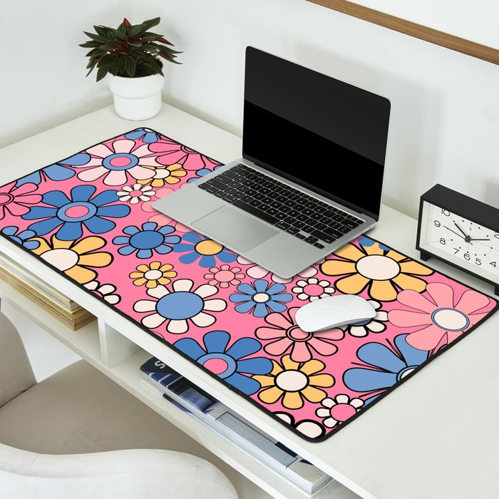 Groovy Floral Retro Garden 60s 70s Flower Pattern Pink Blue Yellow Desk Mat Gallery Image 2