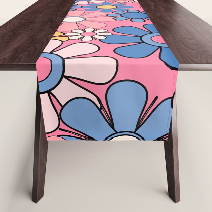 Groovy Floral Retro Garden 60s 70s Flower Pattern Pink Blue Yellow Table Runner Gallery Image 1