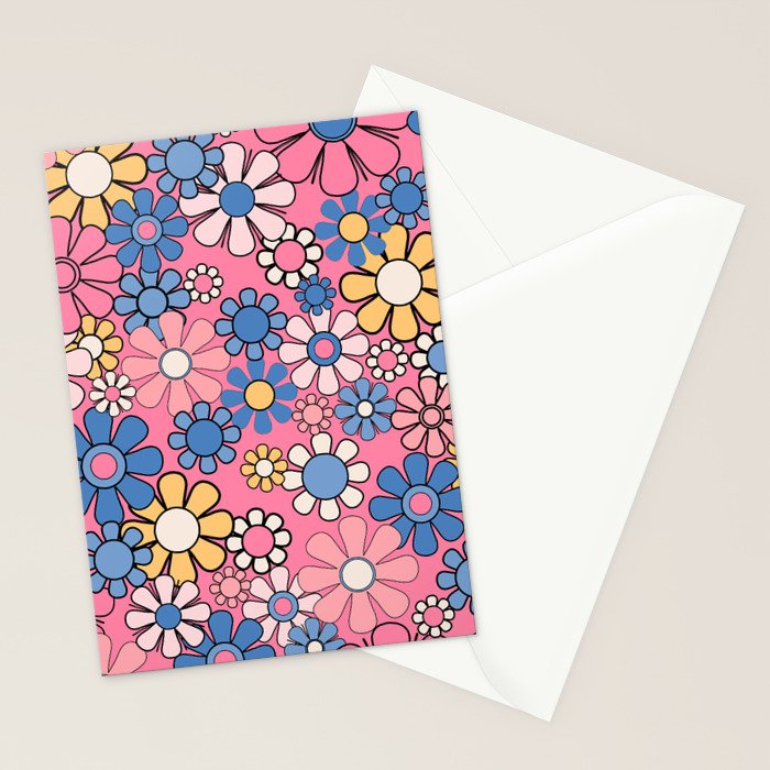 Groovy Floral Retro Garden 60s 70s Flower Pattern Pink Blue Yellow Stationery Card Gallery Image 2