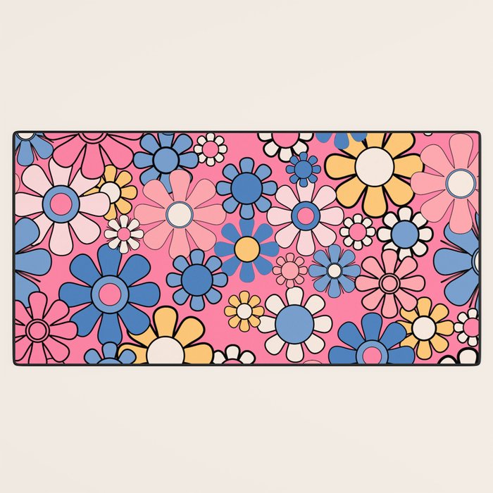 Groovy Floral Retro Garden 60s 70s Flower Pattern Pink Blue Yellow Desk Mat Gallery Image 3