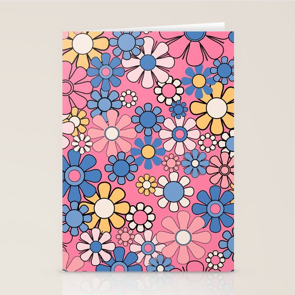 Groovy Floral Retro Garden 60s 70s Flower Pattern Pink Blue Yellow Stationery Card Gallery Image 1