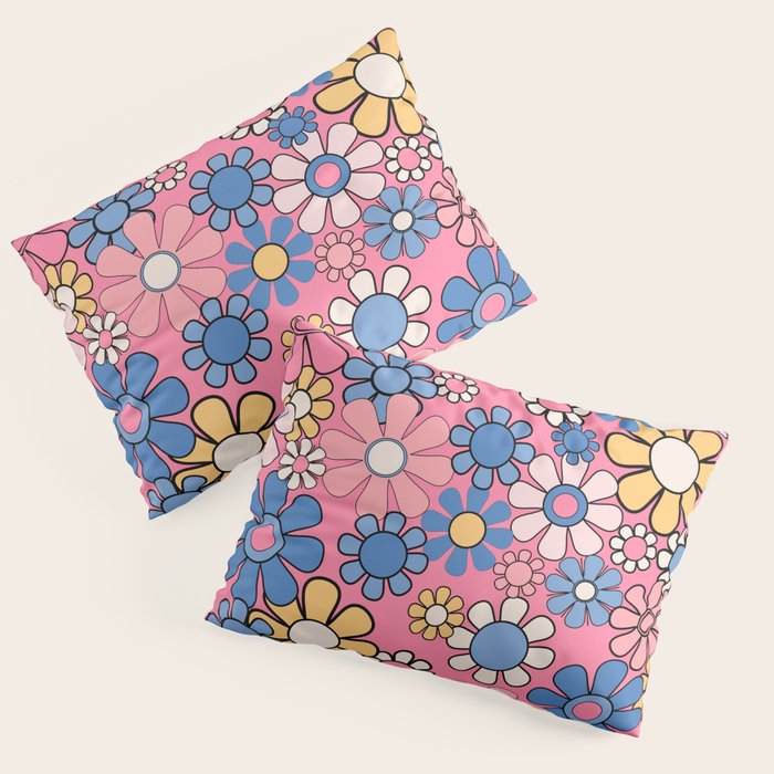Groovy Floral Retro Garden 60s 70s Flower Pattern Pink Blue Yellow Pillow Sham Gallery Image 3