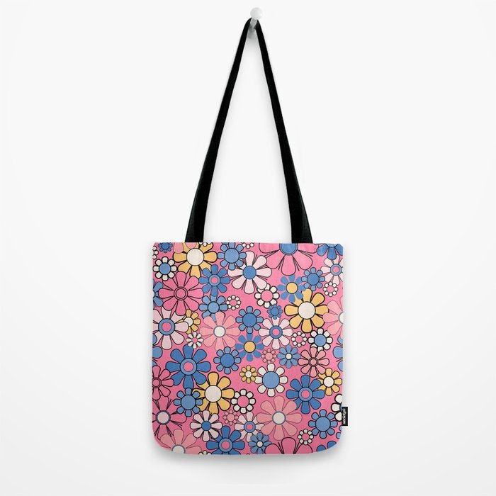 Groovy Floral Retro Garden 60s 70s Flower Pattern Pink Blue Yellow Tote Bag Gallery Image 2
