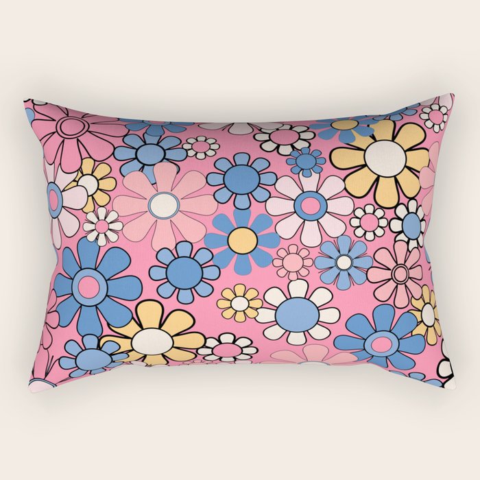 Groovy Floral Retro Garden 60s 70s Flower Pattern Pink Blue Yellow Rectangular Pillow Gallery Image 1