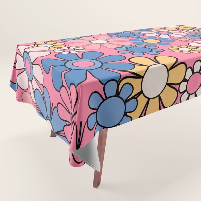 Groovy Floral Retro Garden 60s 70s Flower Pattern Pink Blue Yellow Tablecloth Gallery Image 1