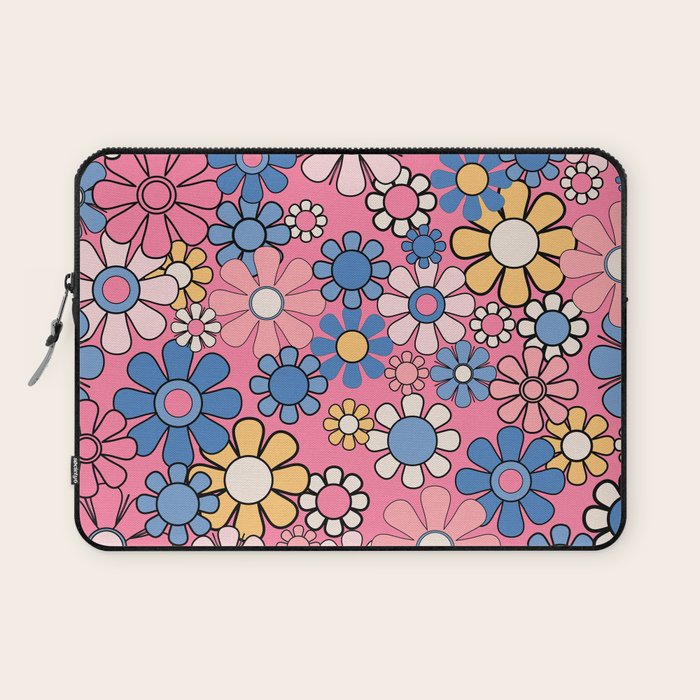 Groovy Floral Retro Garden 60s 70s Flower Pattern Pink Blue Yellow Laptop Sleeve Gallery Image 1