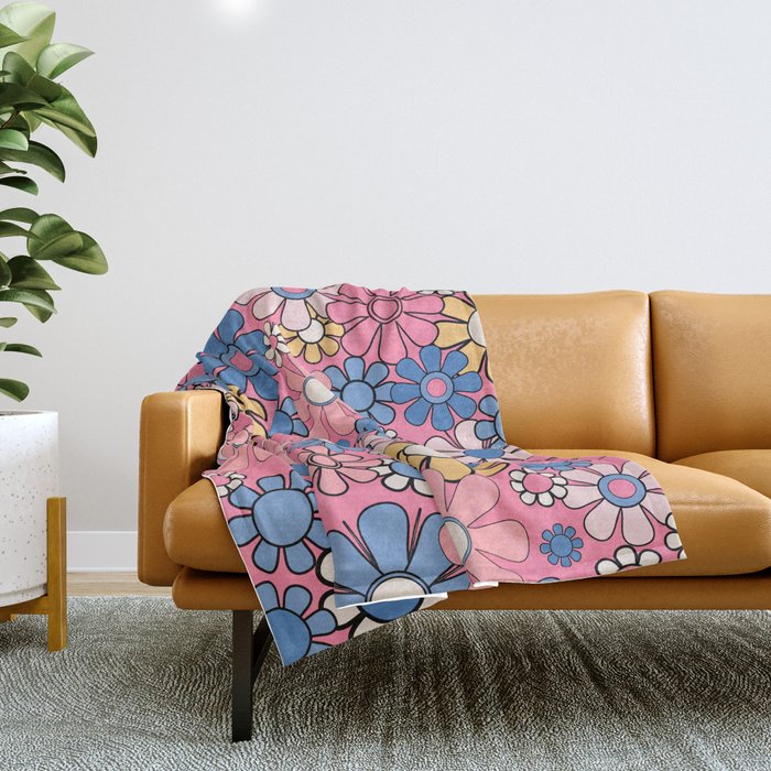 Groovy Floral Retro Garden 60s 70s Flower Pattern Pink Blue Yellow Throw Blanket Gallery Image 1