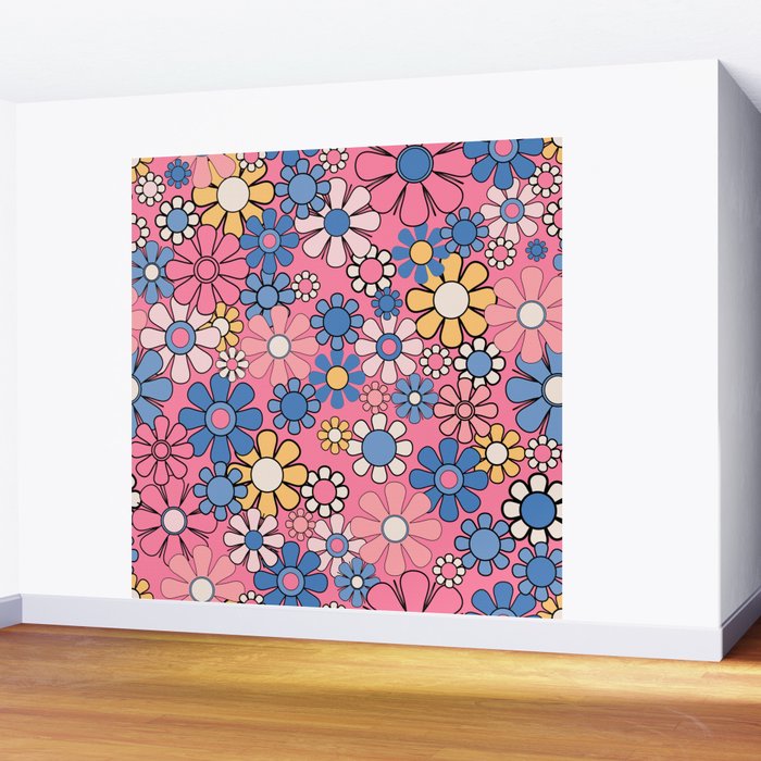 Groovy Floral Retro Garden 60s 70s Flower Pattern Pink Blue Yellow Wall Mural Gallery Image 2