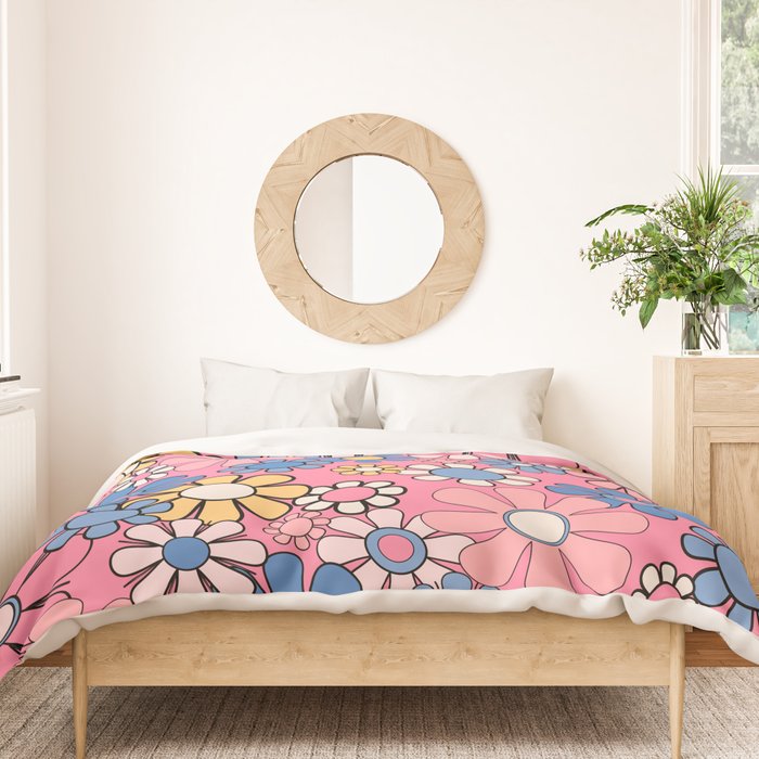 Groovy Floral Retro Garden 60s 70s Flower Pattern Pink Blue Yellow Duvet Cover Gallery Image 3