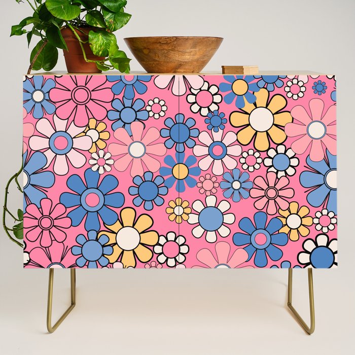 Groovy Floral Retro Garden 60s 70s Flower Pattern Pink Blue Yellow Credenza Gallery Image 1