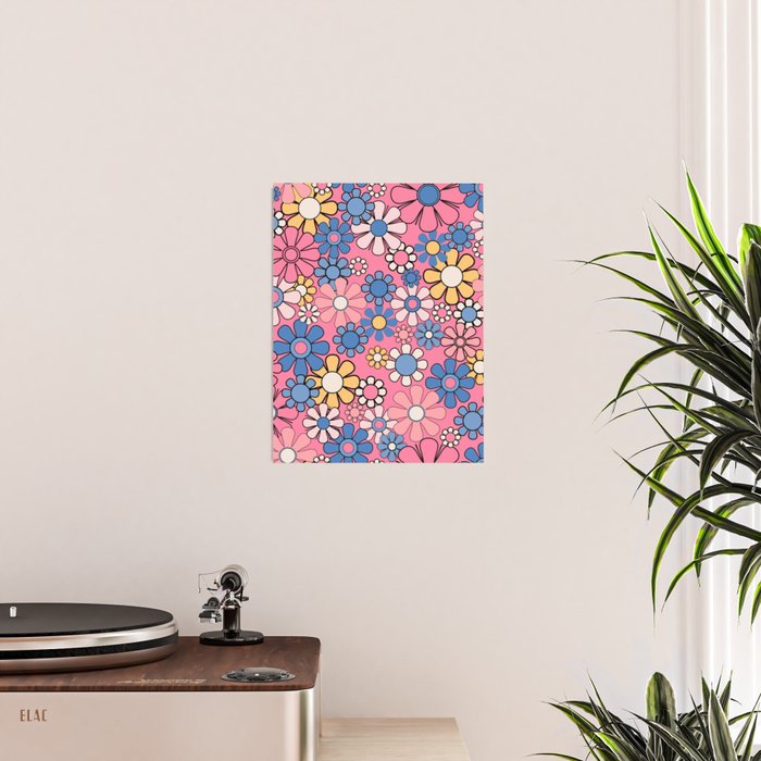 Groovy Floral Retro Garden 60s 70s Flower Pattern Pink Blue Yellow Poster Gallery Image 2