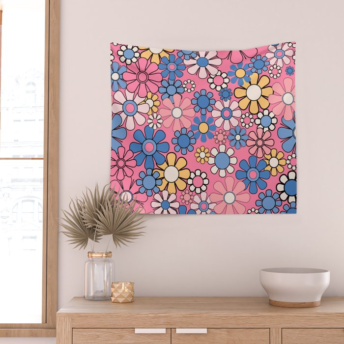 Groovy Floral Retro Garden 60s 70s Flower Pattern Pink Blue Yellow Wall Tapestry Gallery Image 2