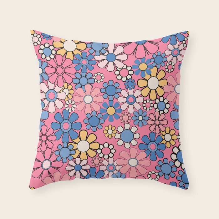 Groovy Floral Retro Garden 60s 70s Flower Pattern Pink Blue Yellow Throw Pillow Gallery Image 6