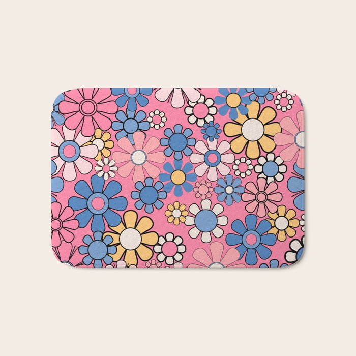 Groovy Floral Retro Garden 60s 70s Flower Pattern Pink Blue Yellow Bath Mat Gallery Image 1