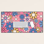 Groovy Floral Retro Garden 60s 70s Flower Pattern Pink Blue Yellow Desk Mat Gallery Image 1