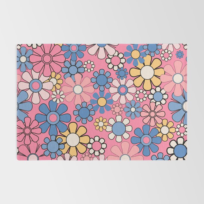 Groovy Floral Retro Garden 60s 70s Flower Pattern Pink Blue Yellow Rug Gallery Image 2