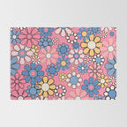 Groovy Floral Retro Garden 60s 70s Flower Pattern Pink Blue Yellow Rug Gallery Image 2