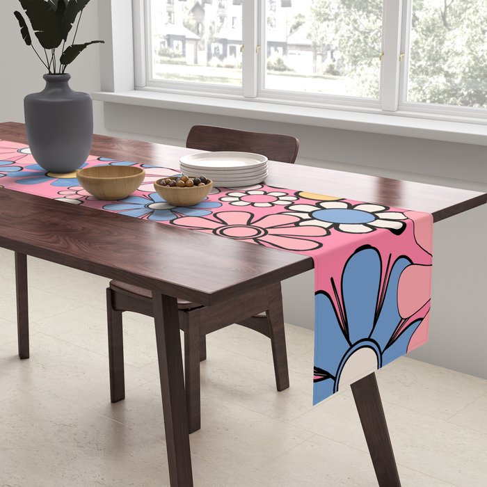 Groovy Floral Retro Garden 60s 70s Flower Pattern Pink Blue Yellow Table Runner Gallery Image 2