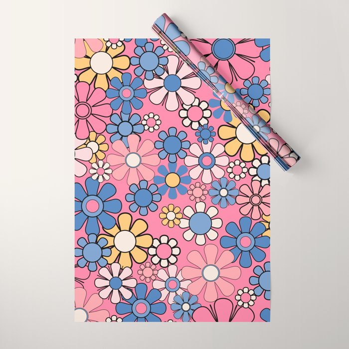 Groovy Floral Retro Garden 60s 70s Flower Pattern Pink Blue Yellow Wrapping Paper Gallery Image 1