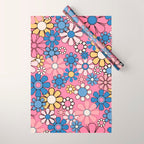 Groovy Floral Retro Garden 60s 70s Flower Pattern Pink Blue Yellow Wrapping Paper Gallery Image 1