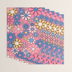 Groovy Floral Retro Garden 60s 70s Flower Pattern Pink Blue Yellow Wrapping Paper Gallery Image 3