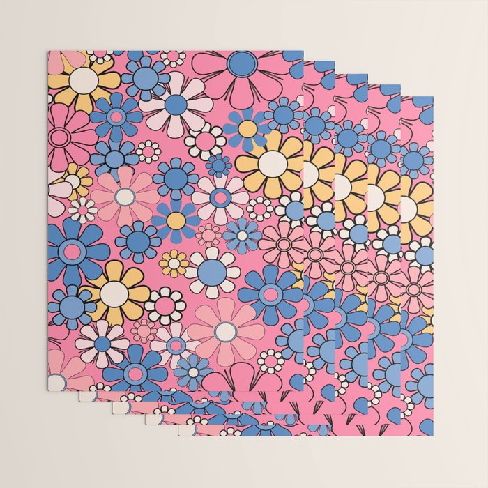 Groovy Floral Retro Garden 60s 70s Flower Pattern Pink Blue Yellow Wrapping Paper Gallery Image 3