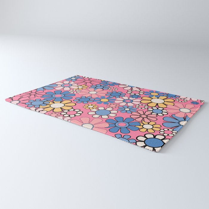 Groovy Floral Retro Garden 60s 70s Flower Pattern Pink Blue Yellow Rug Gallery Image 3