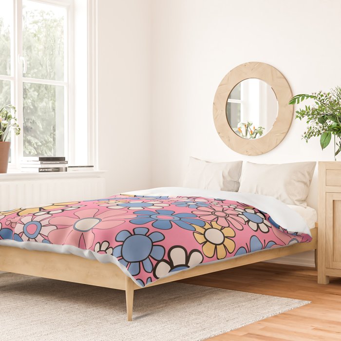 Groovy Floral Retro Garden 60s 70s Flower Pattern Pink Blue Yellow Duvet Cover Gallery Image 2