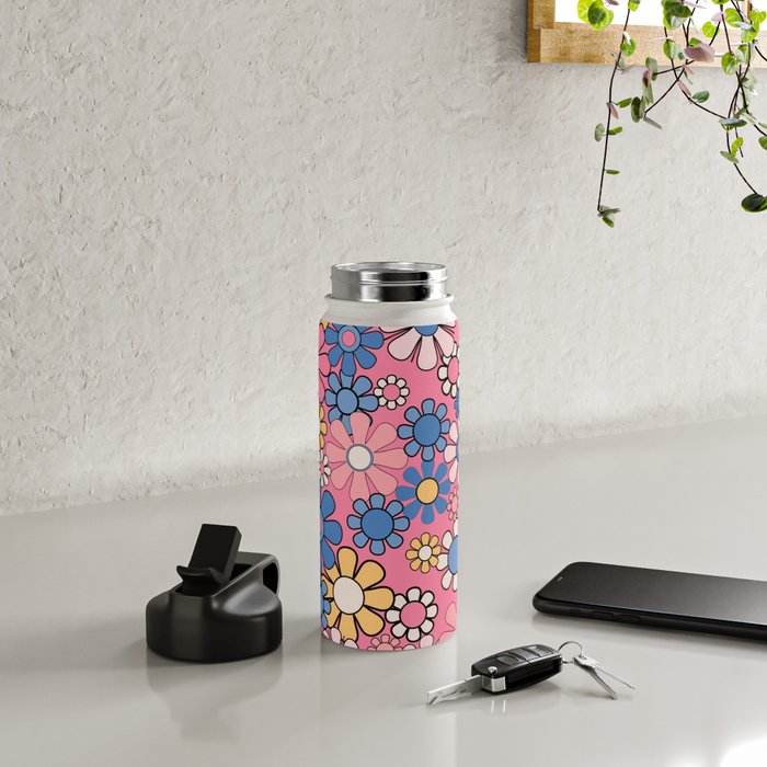 Groovy Floral Retro Garden 60s 70s Flower Pattern Pink Blue Yellow Water Bottle Gallery Image 4