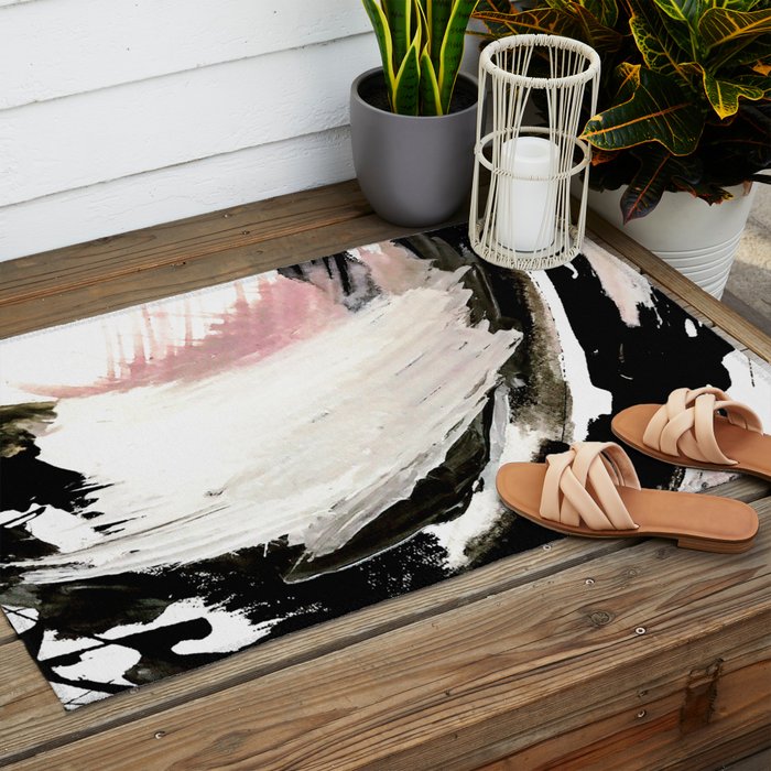 Crash: an abstract mixed media piece in black white and pink Outdoor Rug Gallery Image 2