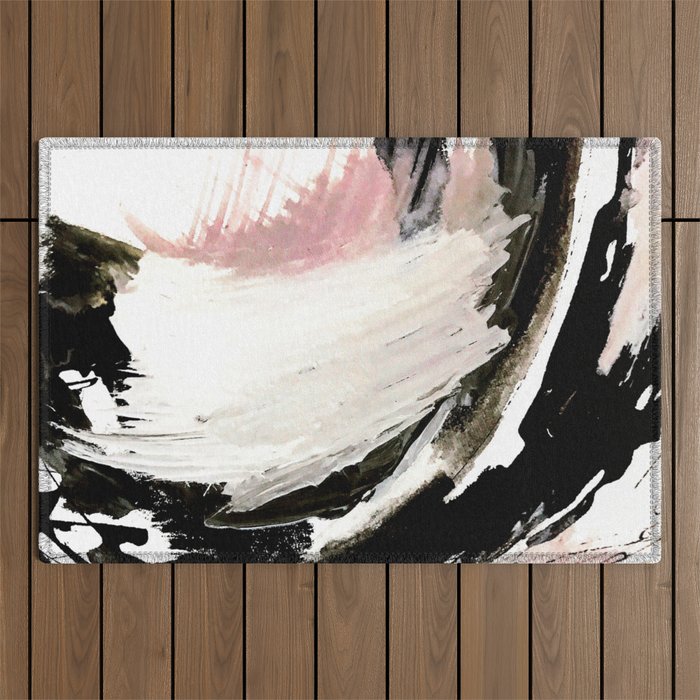Crash: an abstract mixed media piece in black white and pink Outdoor Rug Gallery Image 1
