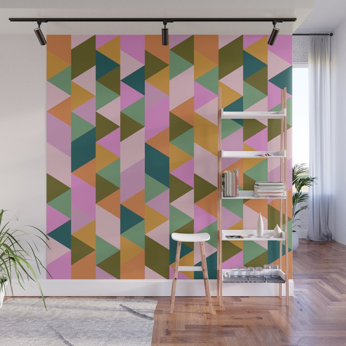 Retro Modern Pink Green Geometric Triangle Art Wall Mural Gallery Image 1