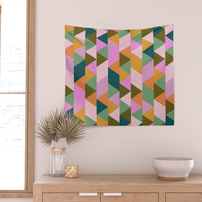 Retro Modern Pink Green Geometric Triangle Art Wall Tapestry Gallery Image 2