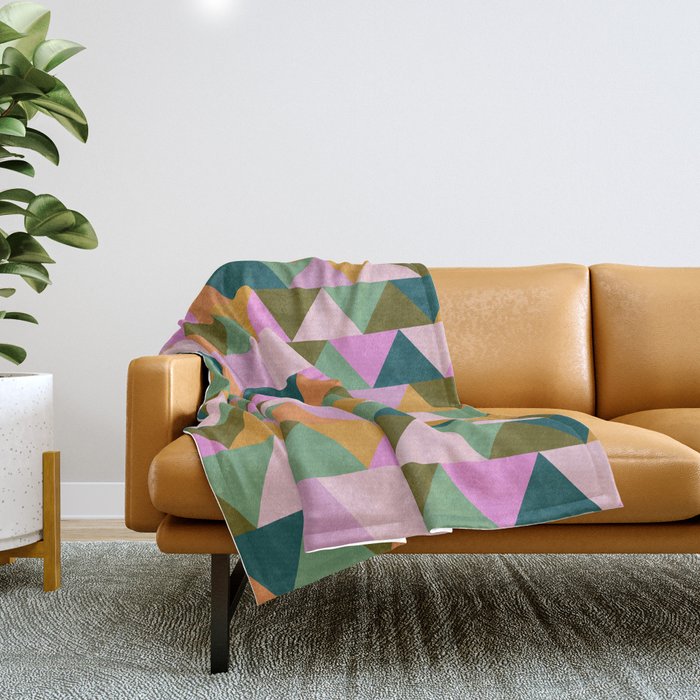 Retro Modern Pink Green Geometric Triangle Art Throw Blanket Gallery Image 1