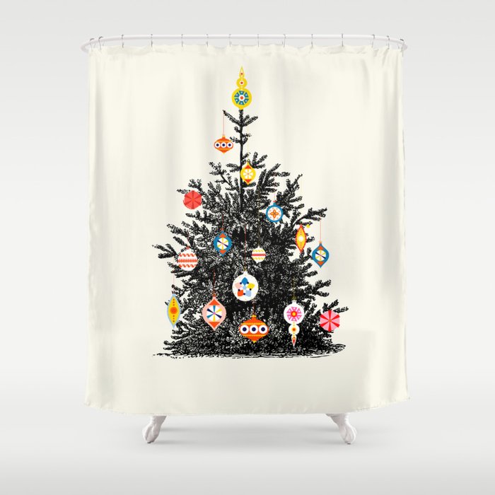 Retro Decorated Christmas Tree Shower Curtain Gallery Image 1