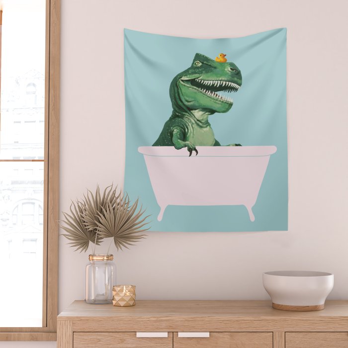 Playful T-Rex in Bathtub in Green Wall Tapestry Gallery Image 2