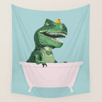 Playful T-Rex in Bathtub in Green Wall Tapestry Gallery Image 4