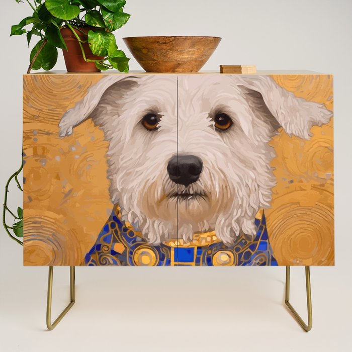 White Klimt Dog with Brown Eyes and Blue Jacket Credenza Gallery Image 1