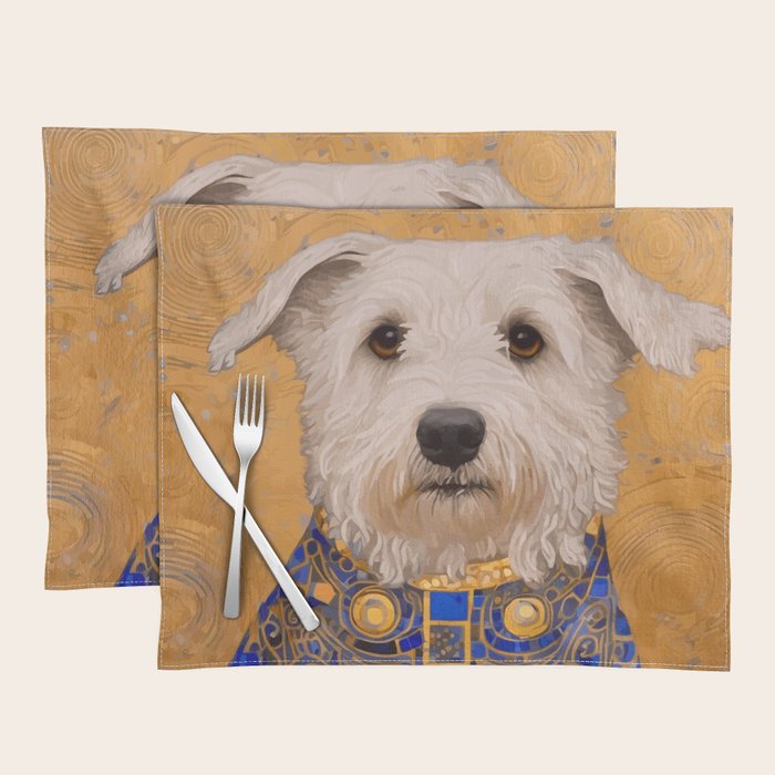 White Klimt Dog with Brown Eyes and Blue Jacket Placemat Gallery Image 1
