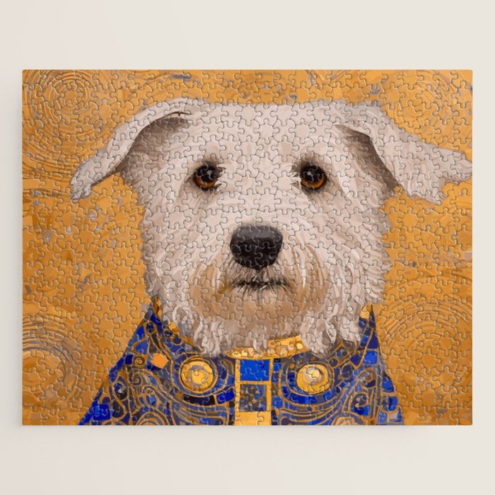 White Klimt Dog with Brown Eyes and Blue Jacket Jigsaw Puzzle Gallery Image 1