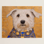 White Klimt Dog with Brown Eyes and Blue Jacket Jigsaw Puzzle Gallery Image 1