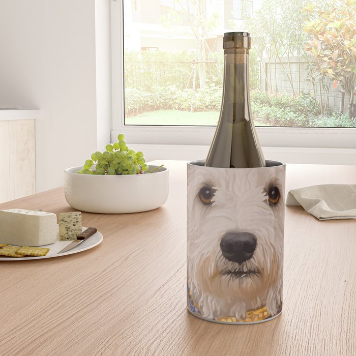 White Klimt Dog with Brown Eyes and Blue Jacket Wine Chiller Gallery Image 4