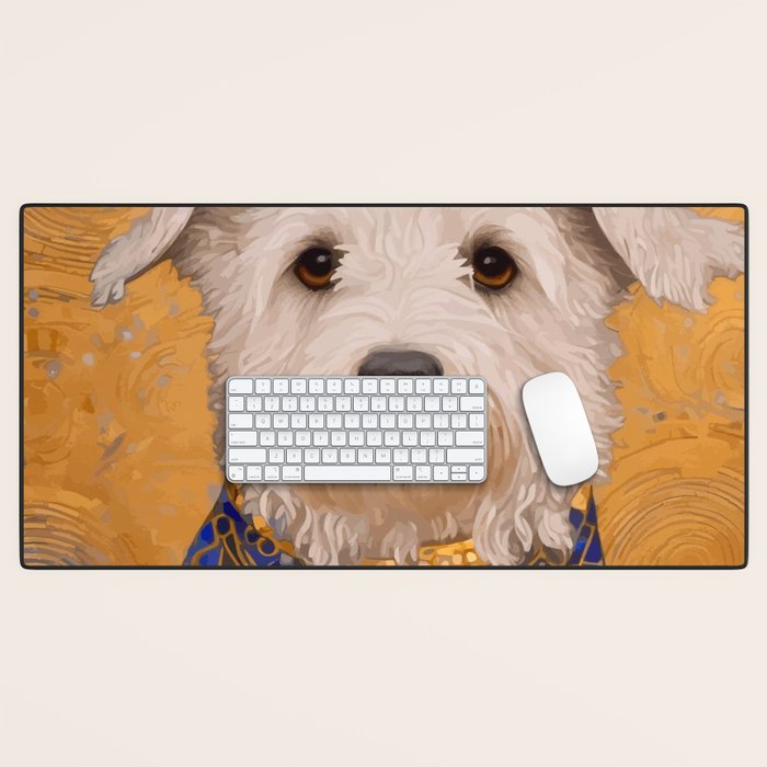 White Klimt Dog with Brown Eyes and Blue Jacket Desk Mat Gallery Image 1