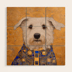 White Klimt Dog with Brown Eyes and Blue Jacket Wood Wall Art Gallery Image 1