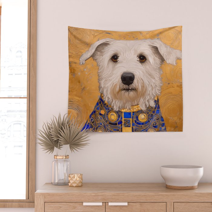 White Klimt Dog with Brown Eyes and Blue Jacket Wall Tapestry Gallery Image 2