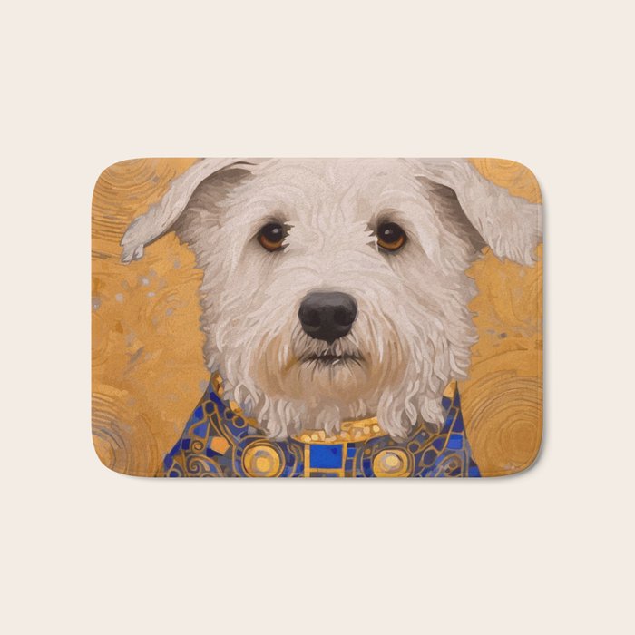 White Klimt Dog with Brown Eyes and Blue Jacket Bath Mat Gallery Image 1