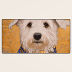 White Klimt Dog with Brown Eyes and Blue Jacket Desk Mat Gallery Image 3